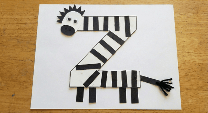 Letter Z activities: zebra craft using letter Z shape with distinctive black stripes
