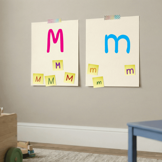 Letter M matching game with post-it notes on cardstock showing uppercase and lowercase m