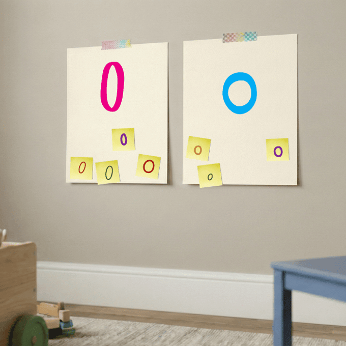 Letter O matching game with post-it notes on cardstock showing uppercase and lowercase o