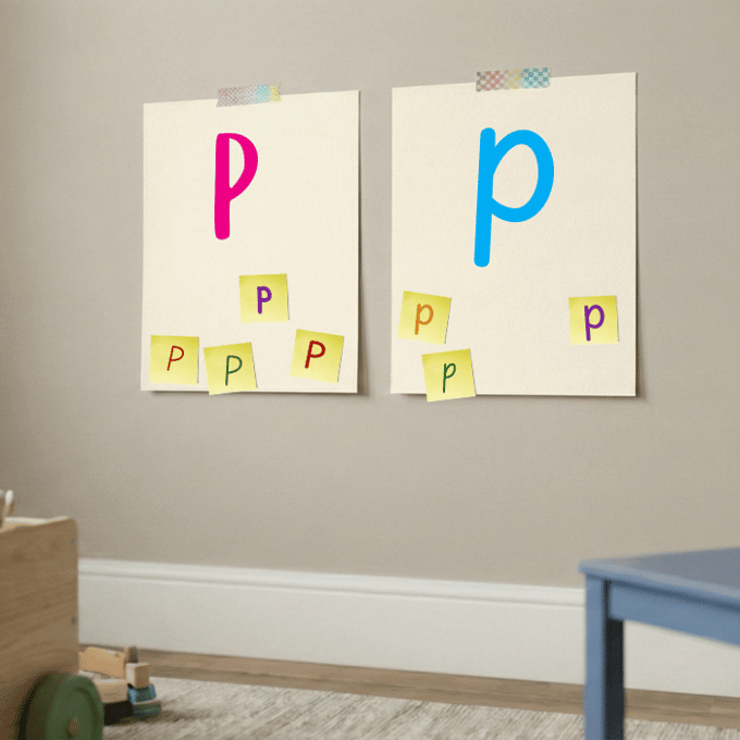 Letter P matching game with post-it notes on cardstock showing uppercase and lowercase p