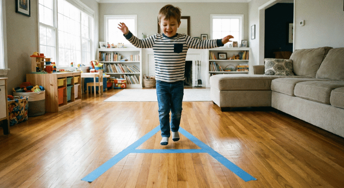 Preschooler hopping on letter A made with tape on floor for active learning