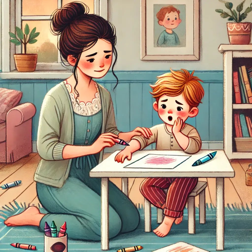 Parent listening to preschool child’s discomfort during writing activity, highlighting early fine motor fatigue