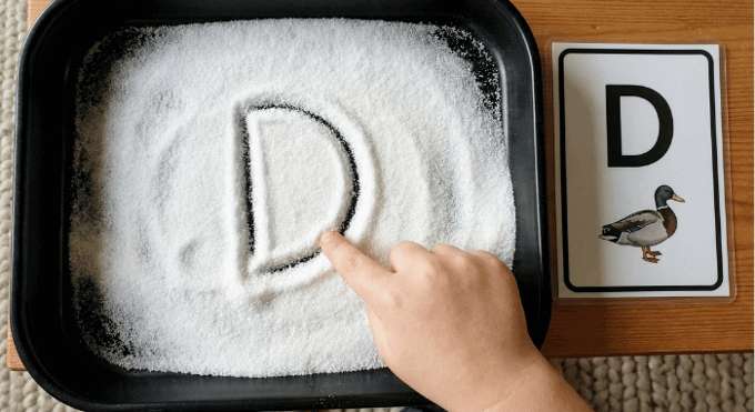 Child tracing letter D in salt tray for pre-writing practice
