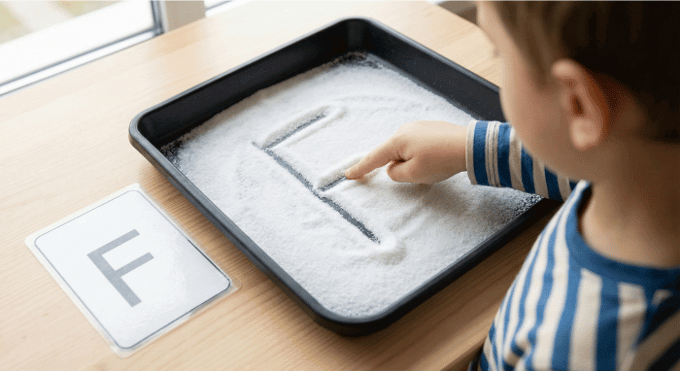Child tracing letter F in salt tray for pre-writing practice