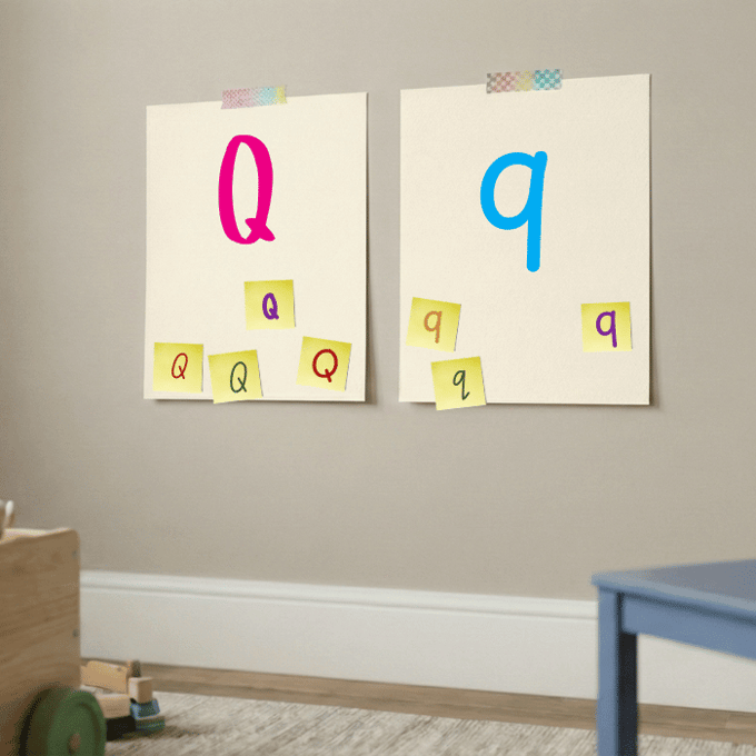 Letter Q matching game with post-it notes on cardstock showing uppercase and lowercase q