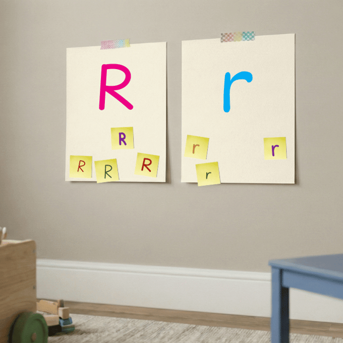 Letter R matching game with post-it notes on cardstock showing uppercase and lowercase r