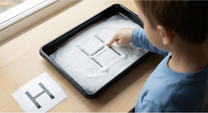 Child tracing letter H in salt tray for pre-writing practice
