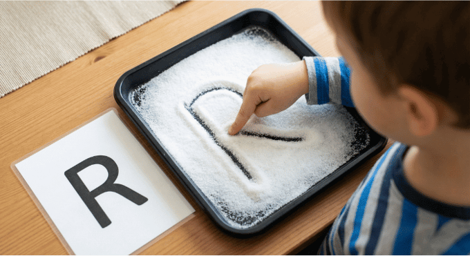 Child tracing letter R in salt tray for pre-writing practice