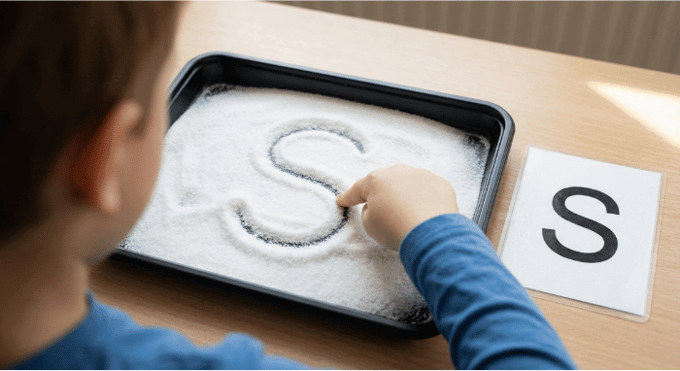 Child tracing letter S in salt tray for pre-writing practice