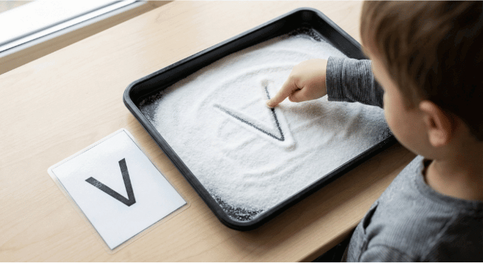 Child tracing letter V in salt tray for pre-writing practice