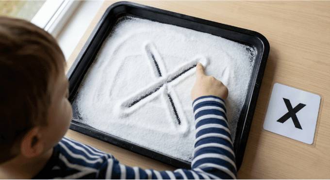 Child tracing letter X in salt tray for pre-writing practice