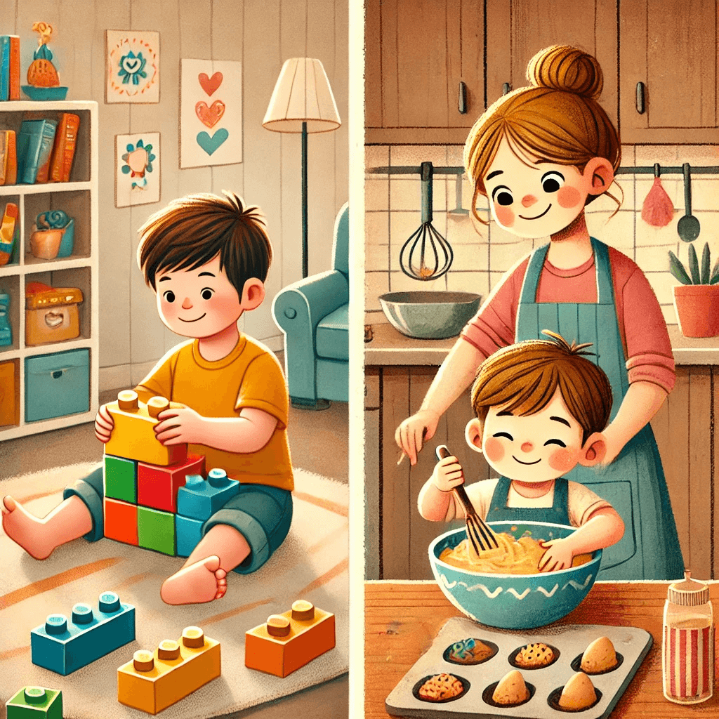 Unstructured preschool activities like building with blocks and stirring dough to support fine motor skill development at home