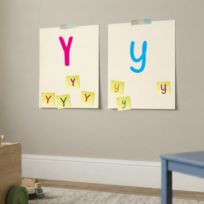 Letter Y matching game with post-it notes on cardstock showing uppercase and lowercase y