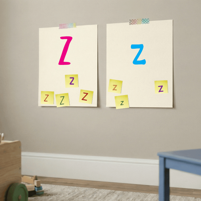 Letter Z matching game with post-it notes on cardstock showing uppercase and lowercase z