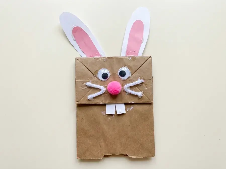 Paper bag bunny puppet, an easy bunny craft for preschoolers made from simple supplies