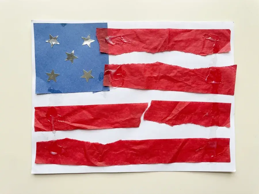 Torn paper flag, an easy 4th of July craft for preschoolers ages 3 to 5