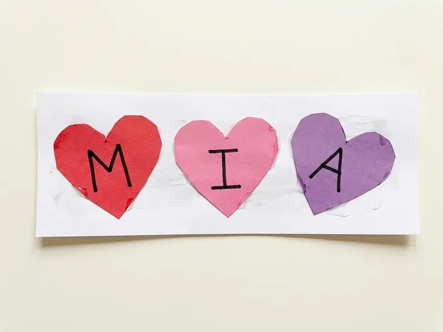 Heart name craft, an easy February craft for preschoolers ages 3 to 5