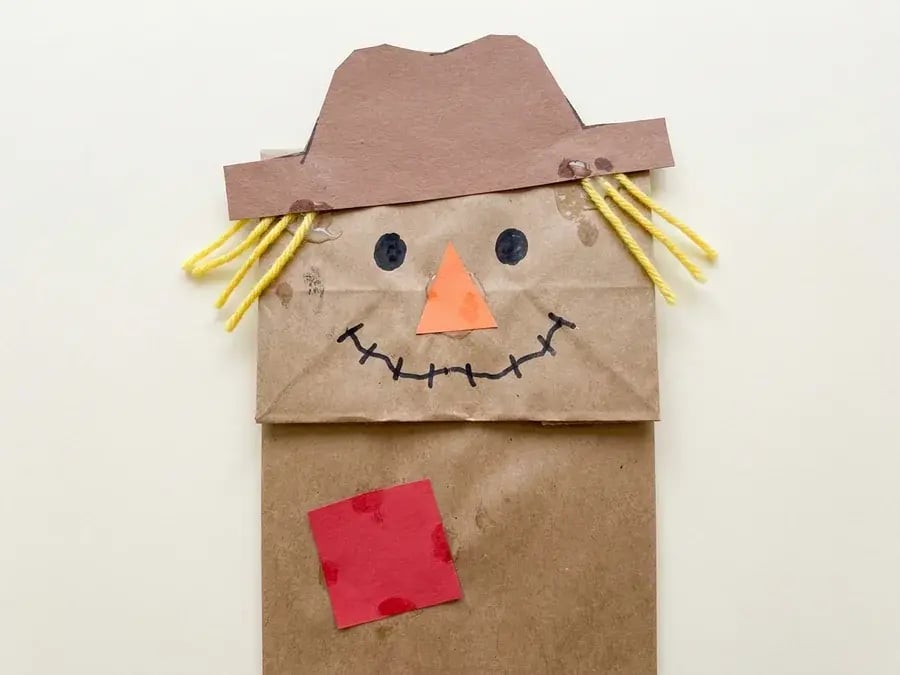 Paper bag scarecrow puppet, an easy scarecrow craft for preschoolers ages 3 to 5