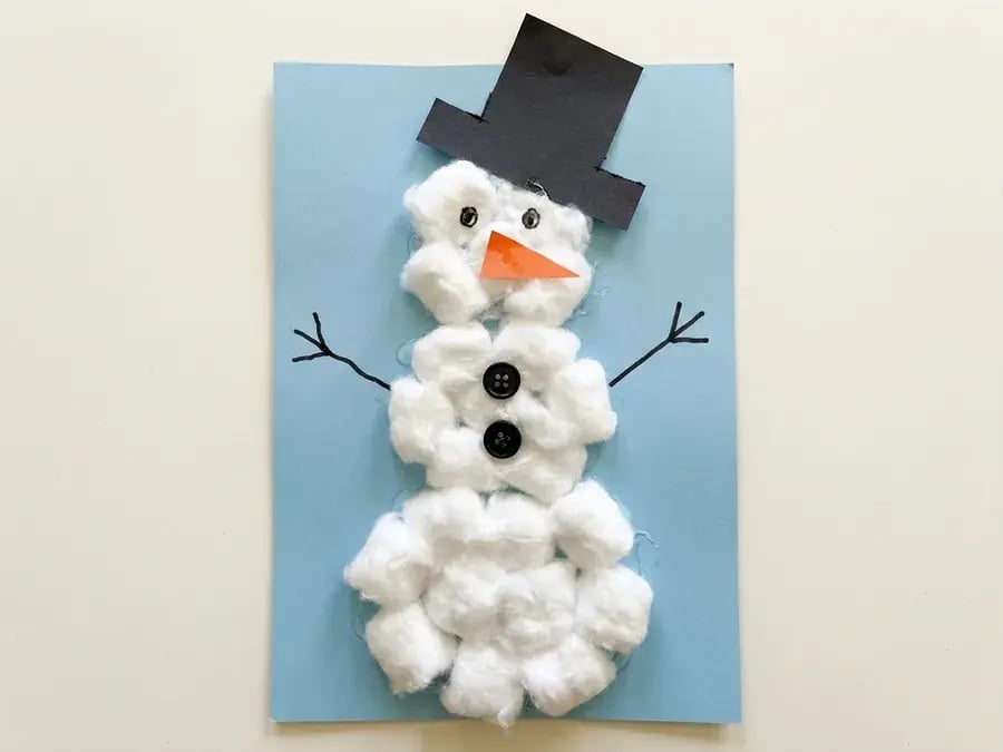 Cotton ball snowman, an easy January craft for preschoolers ages 3 to 5