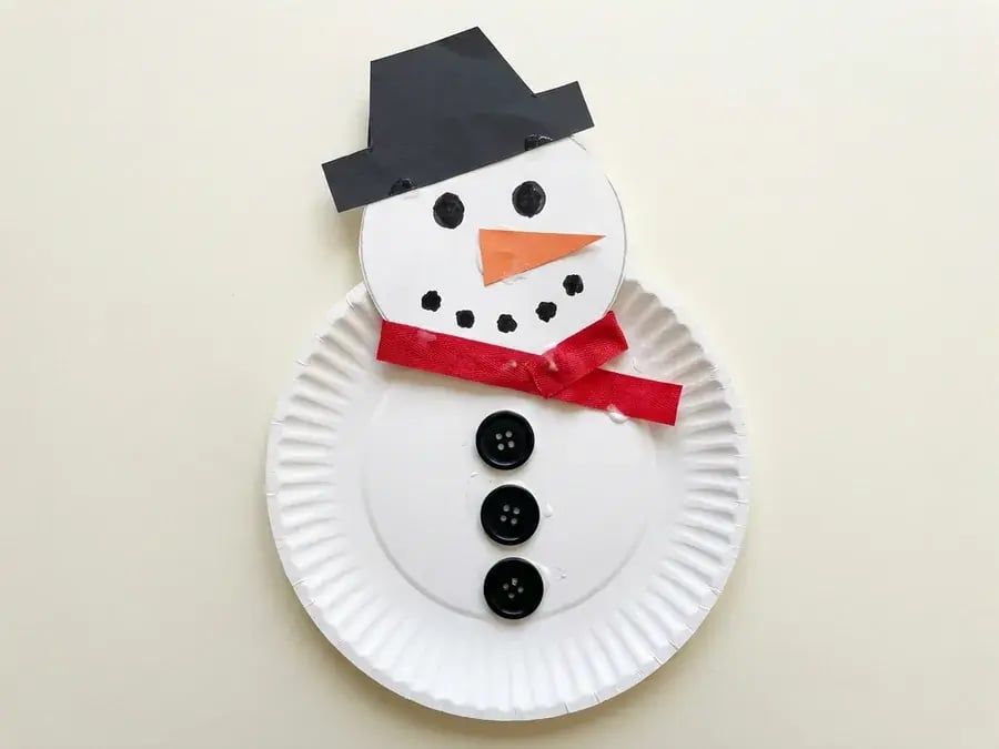 Paper plate snowman, an easy January craft for preschoolers ages 3 to 5