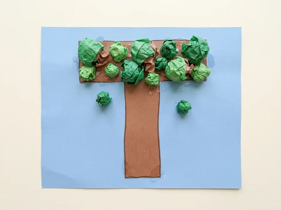 Letter T tree, an easy Earth Day craft for preschoolers ages 3 to 5