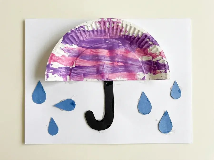 Paper plate umbrella, an easy March craft for preschoolers ages 3 to 5
