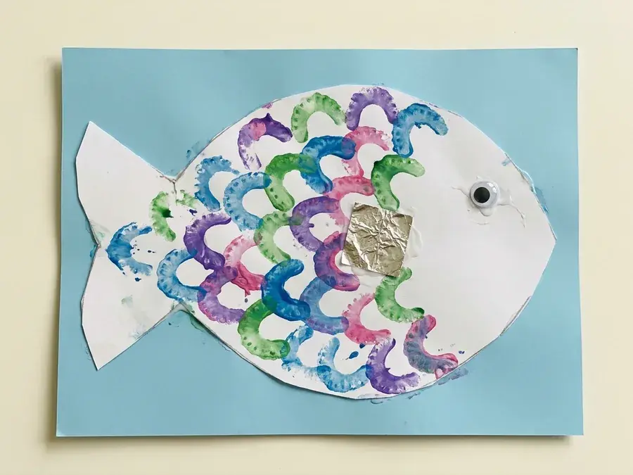 Celery stamped rainbow fish, an easy Rainbow Fish craft for preschoolers ages 3 to 5