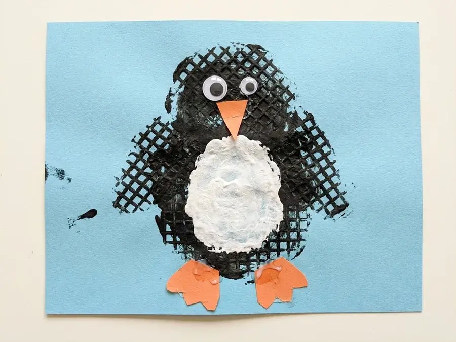 Potato masher penguin, an easy January craft for preschoolers ages 3 to 5