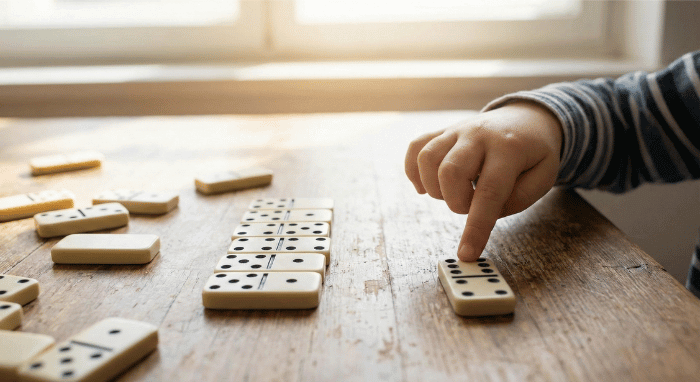 Child counting dots on dominoes and matching tiles with equal quantities for number recognition activity