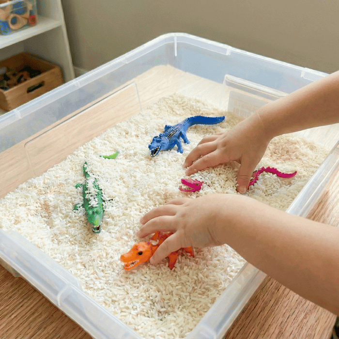 Letter A sensory bin filled with rice and toy alligators for preschool learning