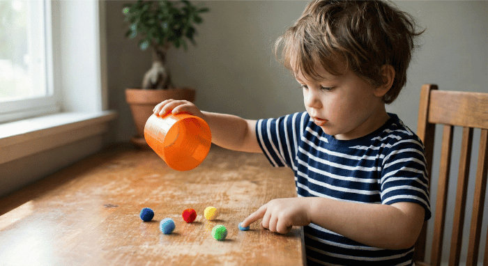 Child shaking cup and counting spilled pom poms by touching each one during hands-on counting game
