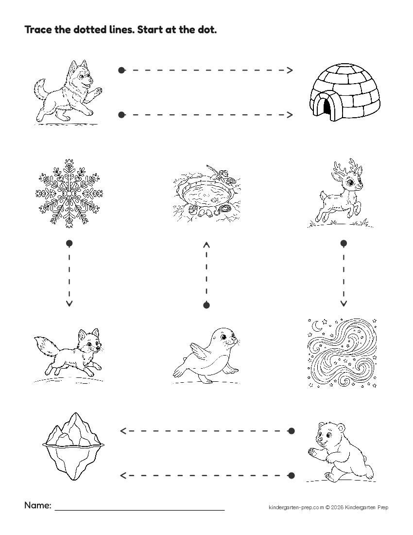 arctic tracing lines worksheet for preschool, free printable