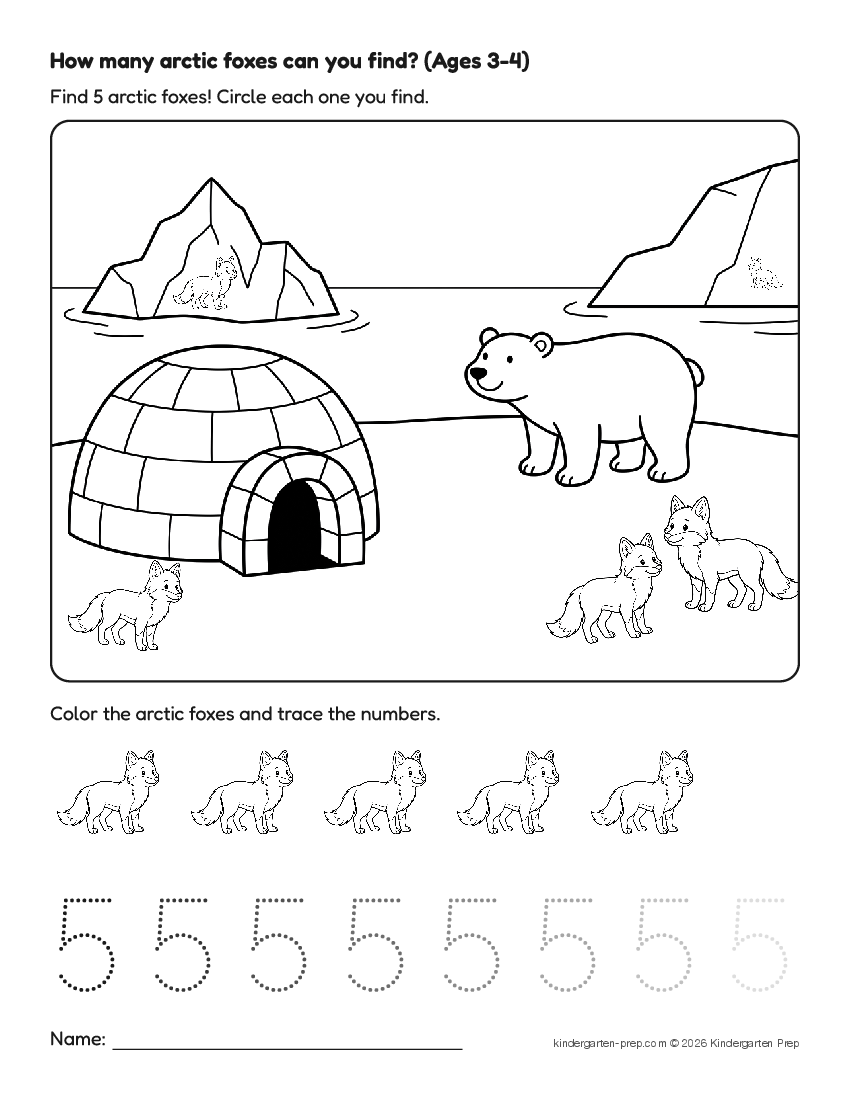 arctic counting worksheet, search and count for preschool, free printable