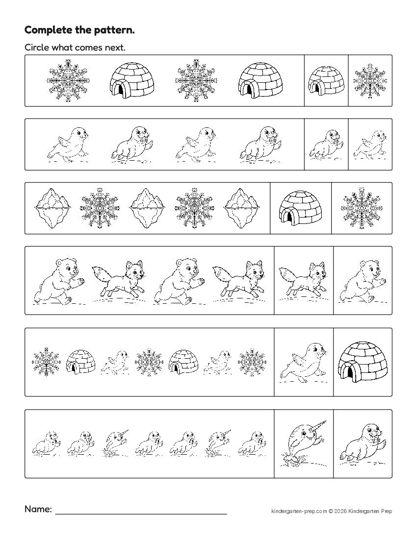arctic pattern worksheet for preschool, free printable