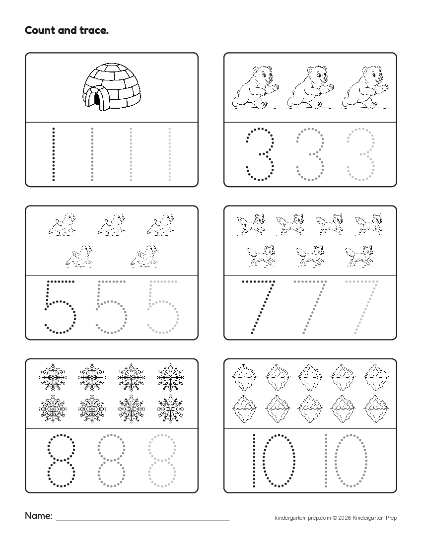 arctic number tracing worksheet, count and trace for preschool, free printable
