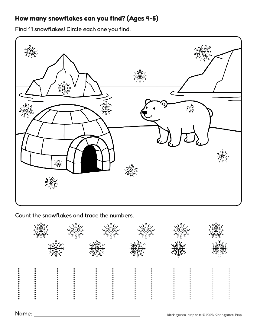 arctic counting worksheet, search and count for preschool, free printable