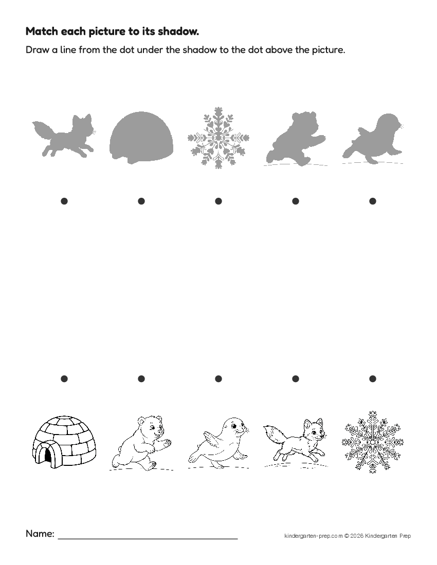 arctic shadow matching fine motor worksheet for preschool, free printable