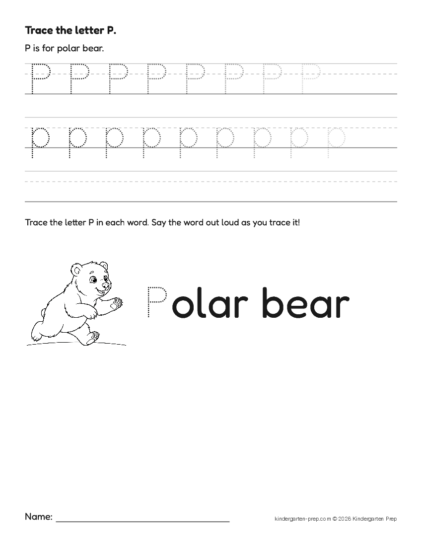 arctic letter tracing worksheet letter P for preschool, free printable