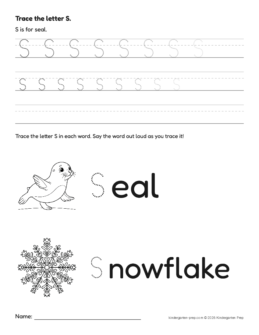 arctic letter tracing worksheet letter S for preschool, free printable