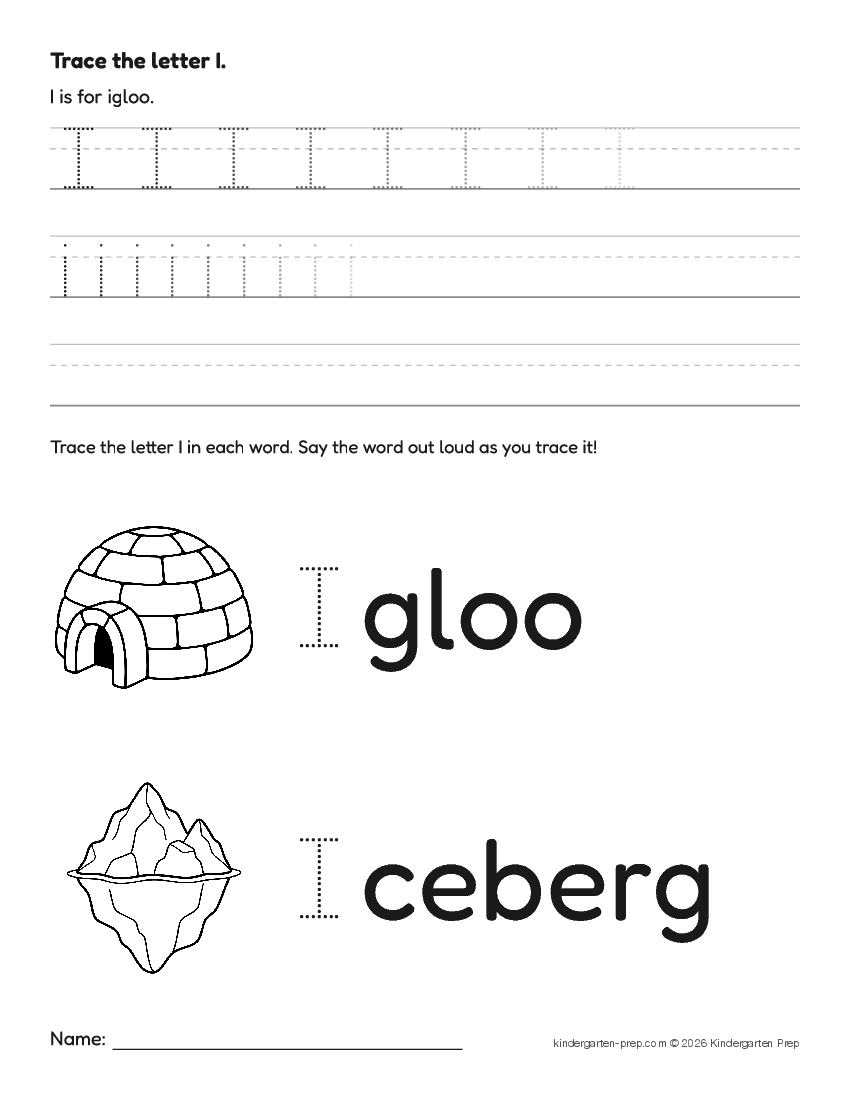 arctic letter tracing worksheet letter I for preschool, free printable