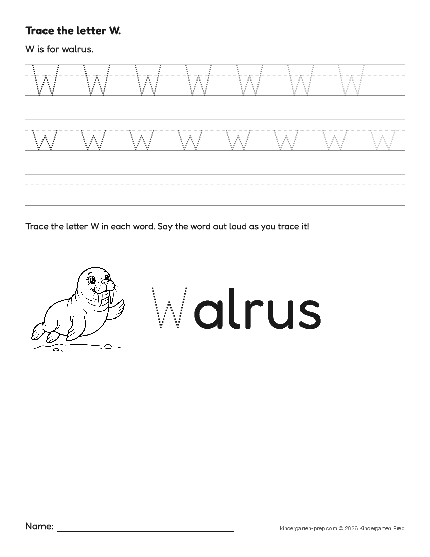 arctic letter tracing worksheet letter W for preschool, free printable