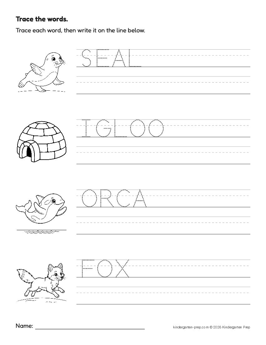 arctic word tracing worksheet for preschool, free printable