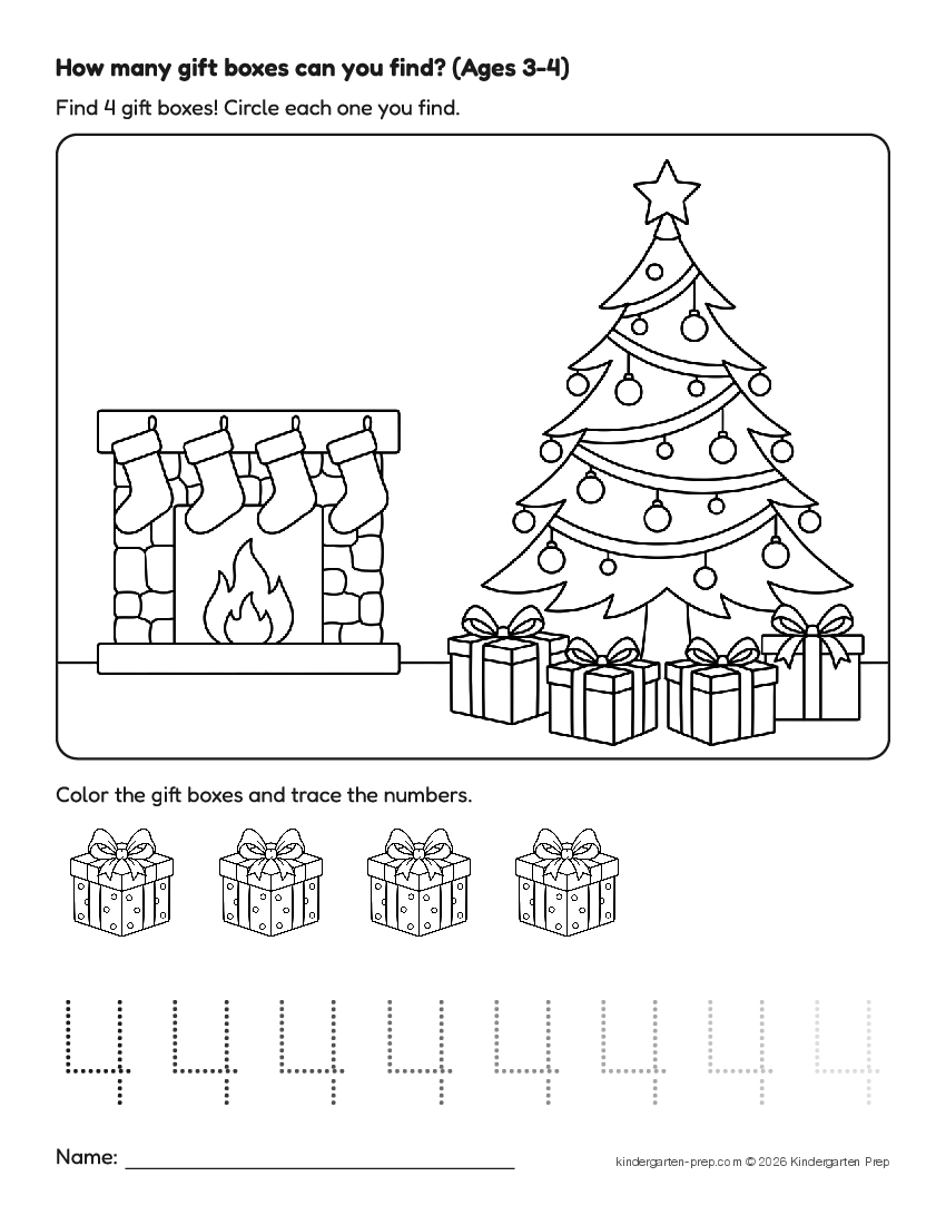 Christmas counting worksheet, search and count for preschool, free printable