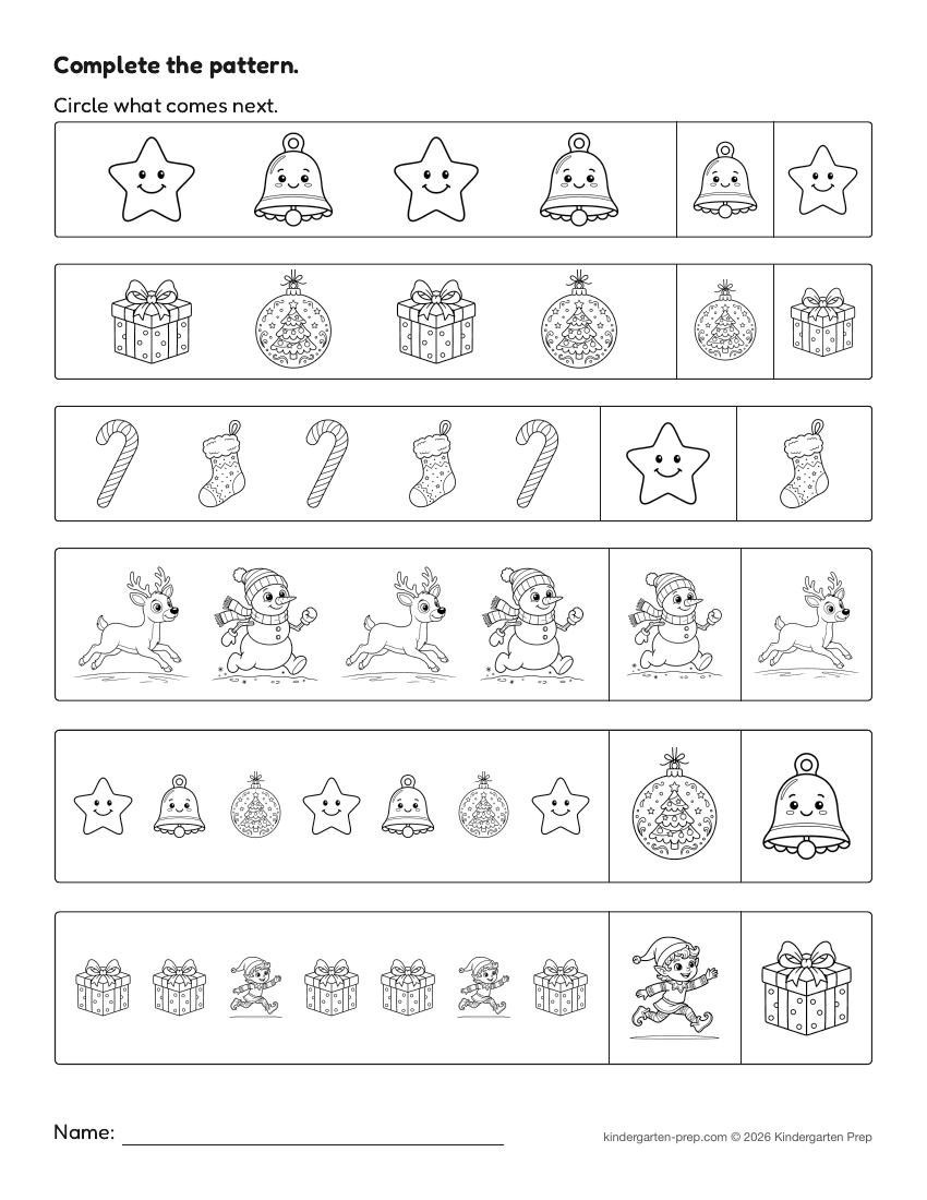 Christmas pattern worksheet for preschool, free printable