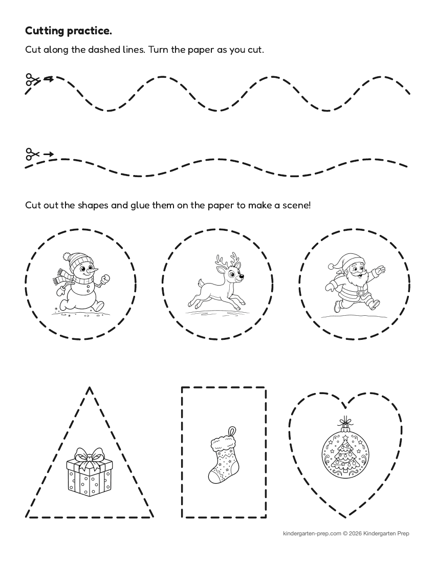 Christmas cutting practice worksheet, shapes for preschool, free printable