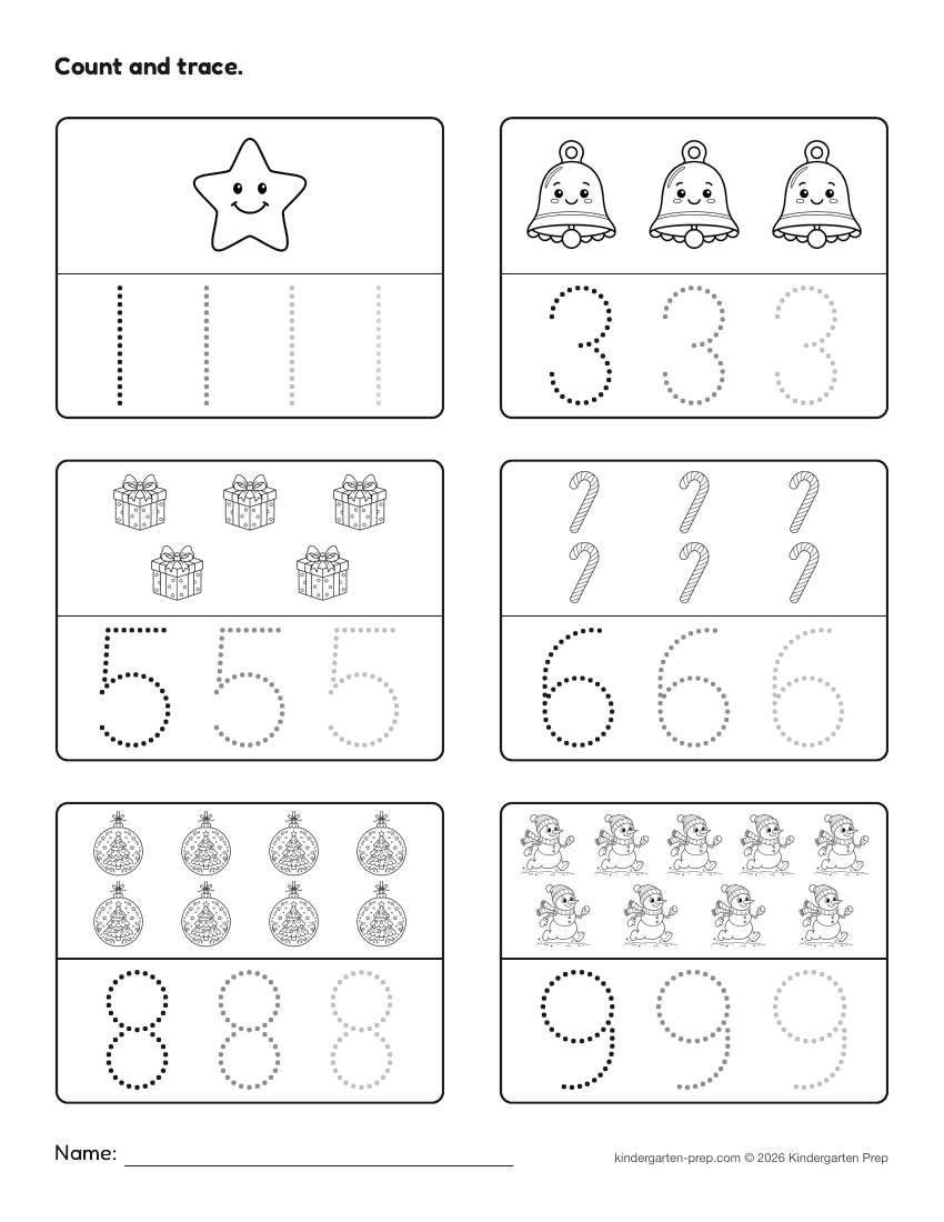 Christmas number tracing worksheet, count and trace for preschool, free printable