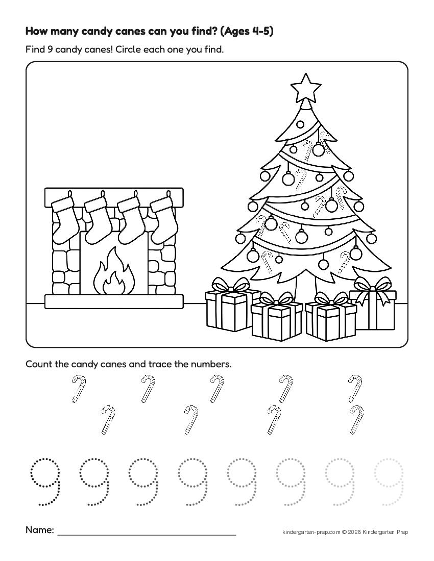 Christmas counting worksheet, search and count for preschool, free printable
