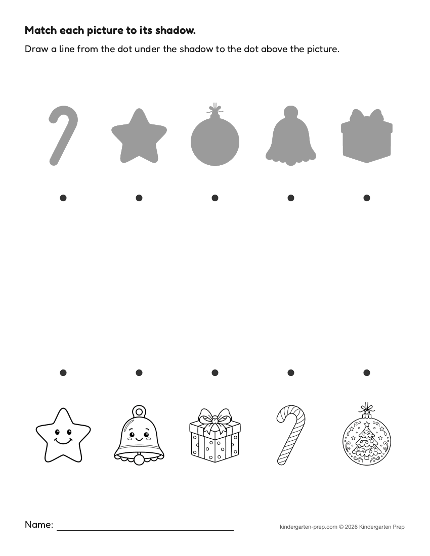Christmas shadow matching fine motor worksheet for preschool, free printable