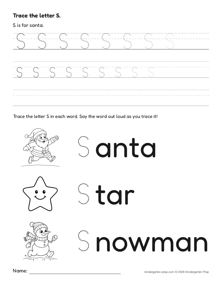 Christmas letter tracing worksheet letter S for preschool, free printable