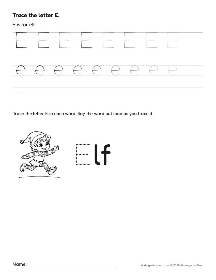 Christmas letter tracing worksheet letter E for preschool, free printable